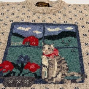 Eddie Bauer Vintage Window Cat 85% Wool Sweater Oatmeal/Blue size L